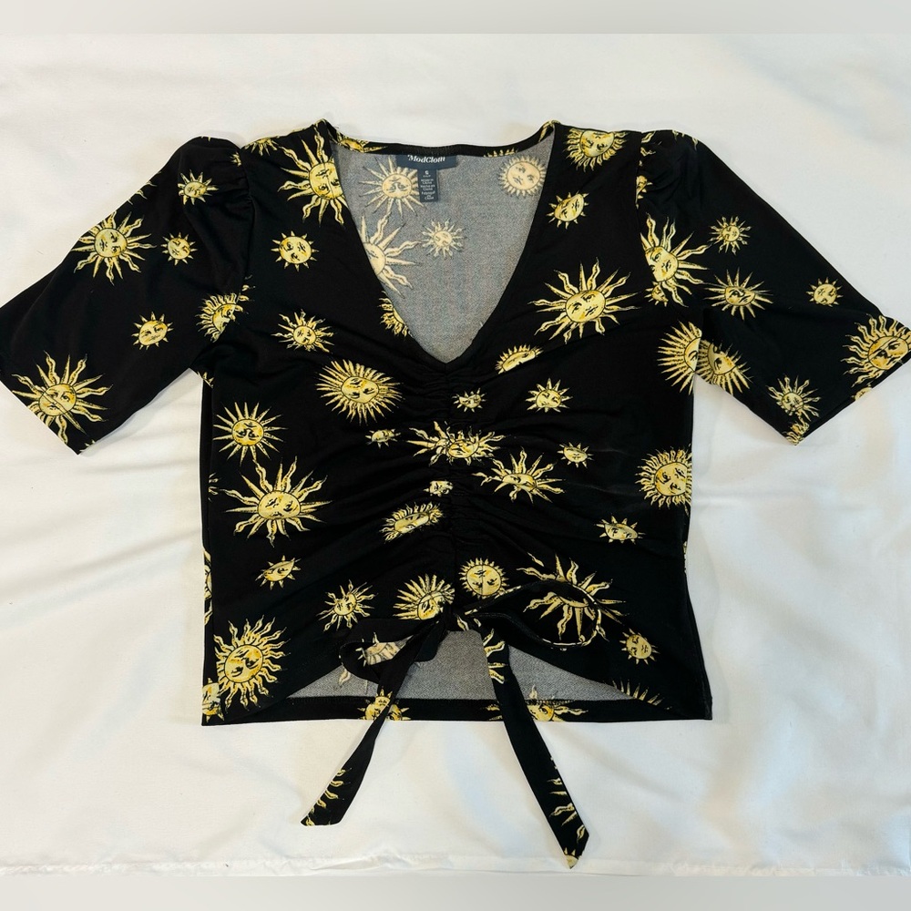 ModCloth Crop Top Celestial Tie Top Black and Yellow Astrology Sun Shirt